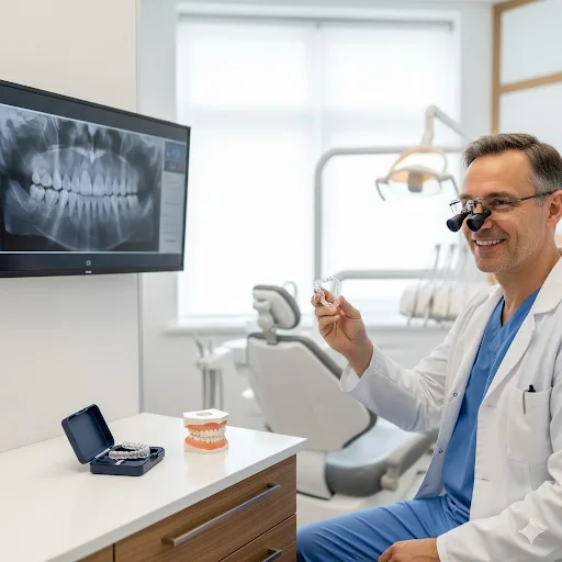 Praticien devant une radiographie panoramique en salle de soins
