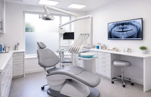 Salle de soins équipée d'un fauteuil et d'un écran