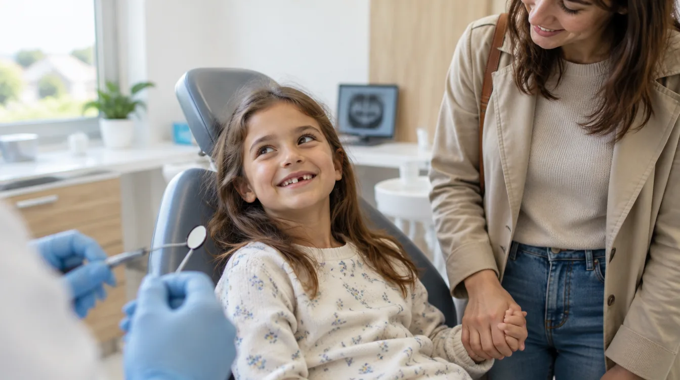 Fillette de 7 ans souriante sur le fauteuil d'un cabinet d'orthodontie, sa mère à ses côtés