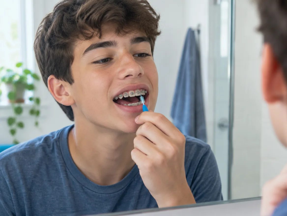 Un adolescent avec des bagues nettoie ses dents avec une brossette interdentaire devant le miroir