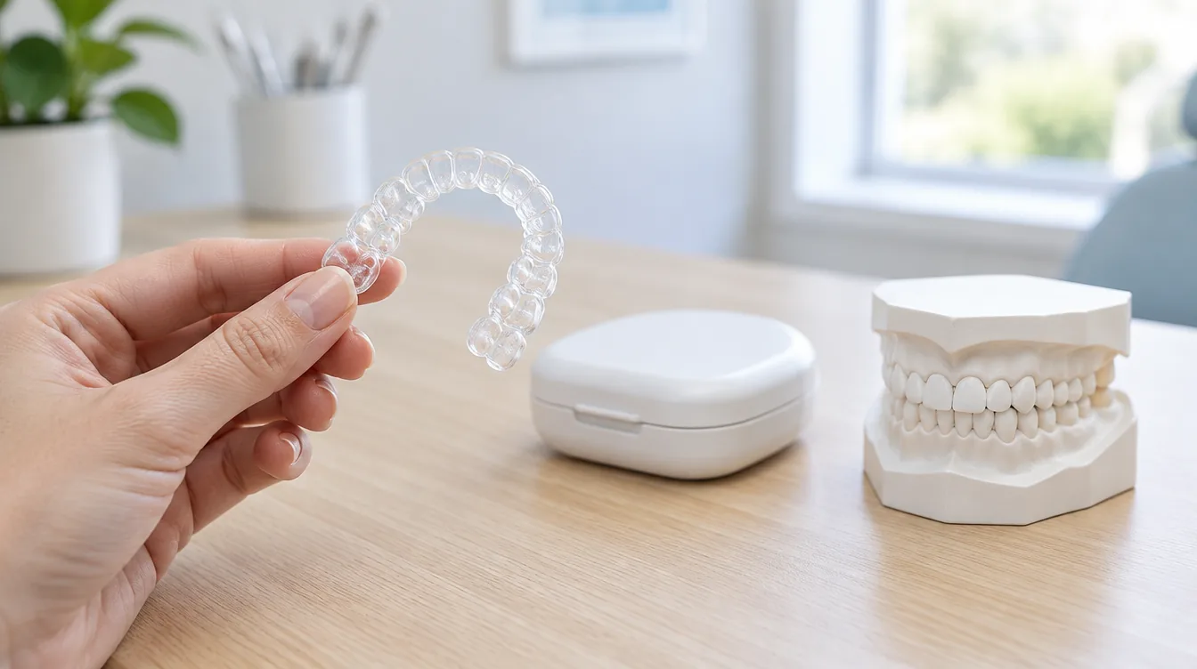Une main tient un aligneur transparent à côté d'un boîtier de rangement et d'un modèle dentaire
