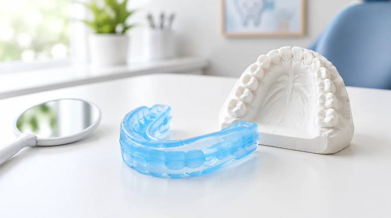 Appareil fonctionnel amovible en silicone pour enfant, posé à côté d'un miroir et d'un modèle dentaire
