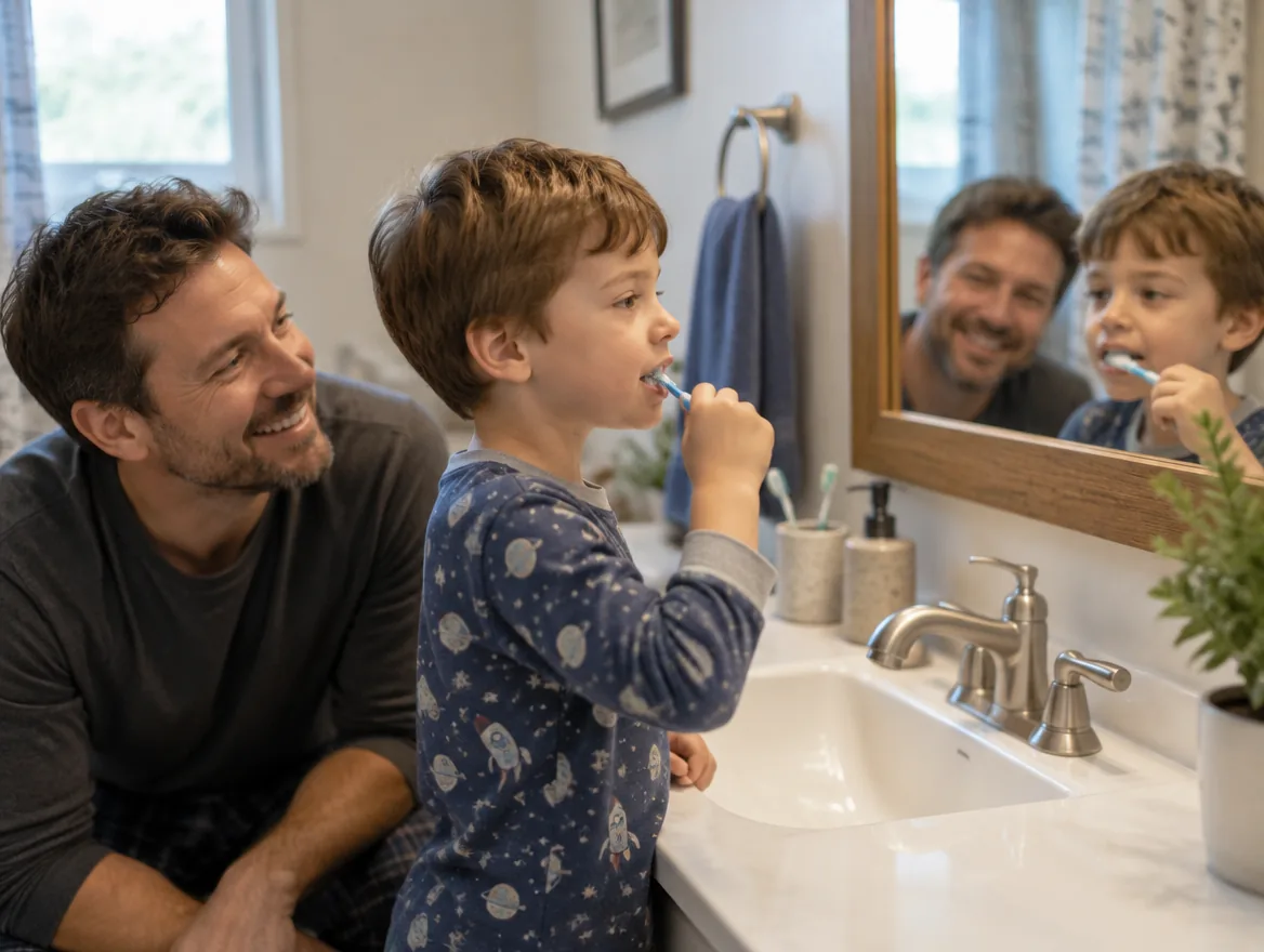 Garçon qui se brosse les dents devant le miroir, son père à côté de lui