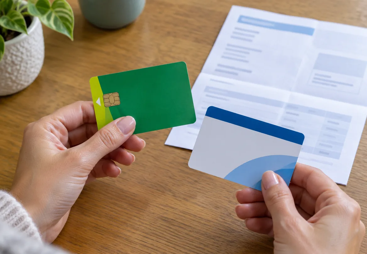 Mains tenant une carte d'assurance maladie et une carte de mutuelle, avec un devis plié