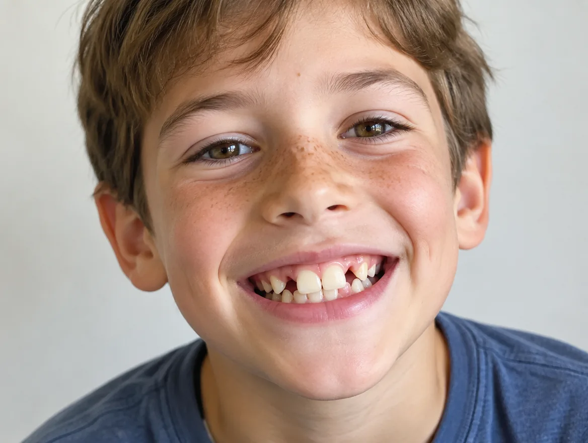 Garçon de 8 ans qui sourit, avec des dents de lait et les premières dents définitives