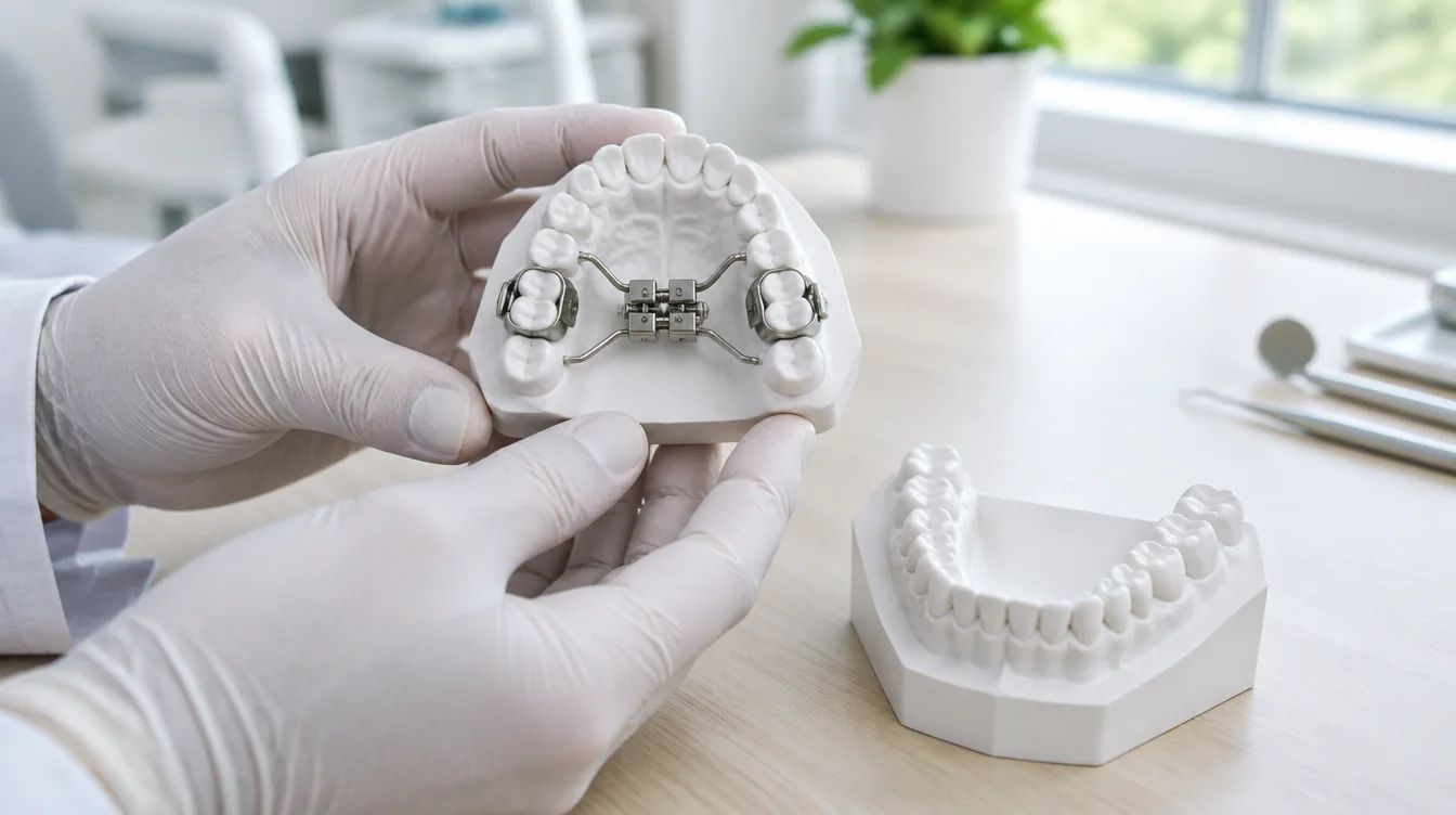 Mains gantées d'un orthodontiste tenant un modèle en plâtre de la mâchoire supérieure équipé d'un disjoncteur palatin