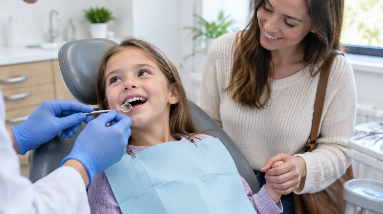 Fillette de 6 ans souriante lors d'un contrôle chez le dentiste, sa mère à ses côtés