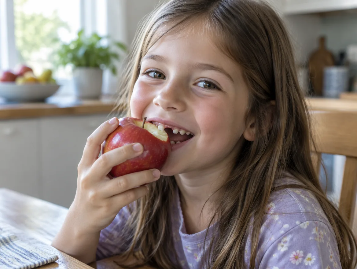 Fillette de 7 ans qui croque une pomme rouge à la table de la cuisine
