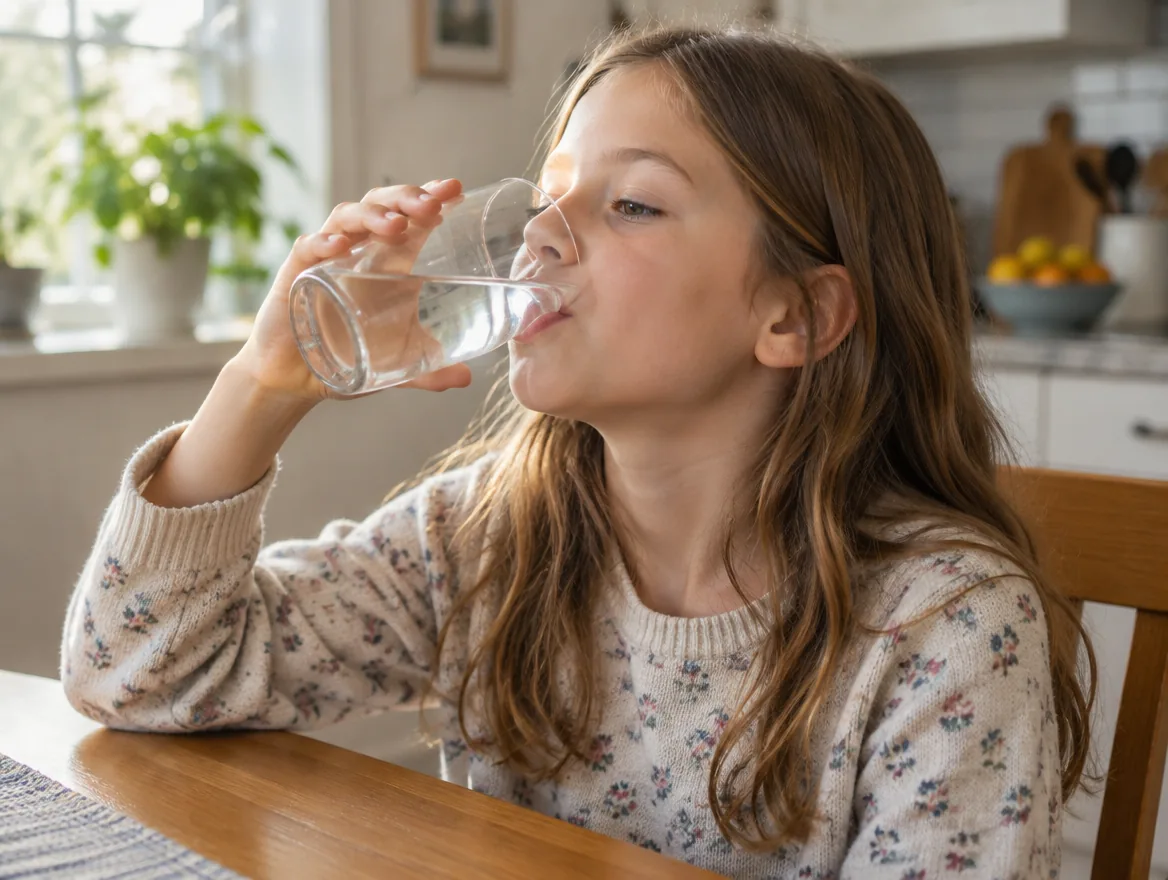 Fillette de 8 ans qui boit un verre d'eau à la table de la cuisine