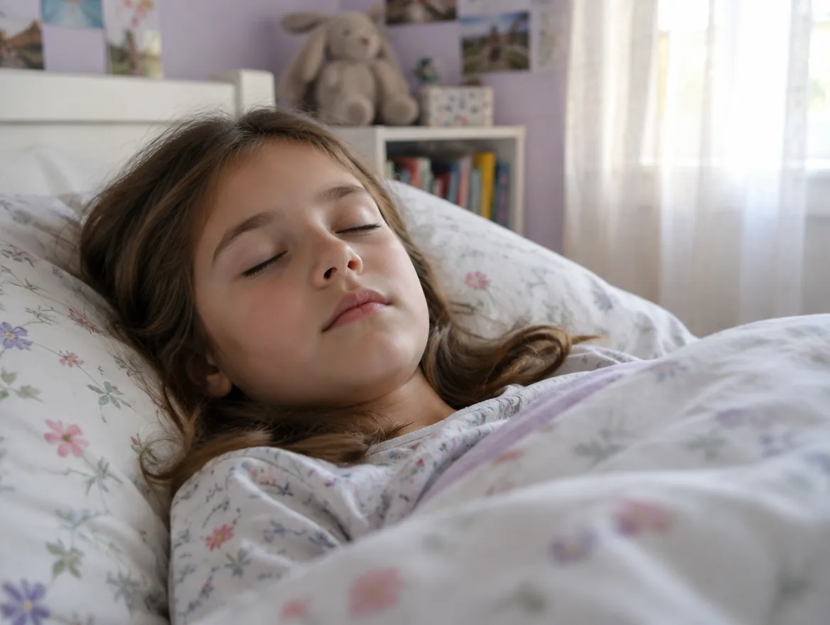 Fillette de 8 ans qui dort sur le dos, la bouche fermée