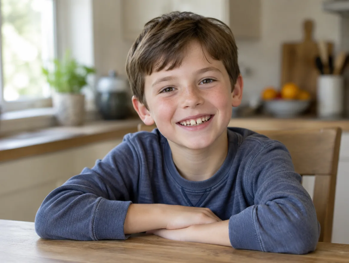 Garçon de 9 ans qui sourit, assis à la table de la cuisine