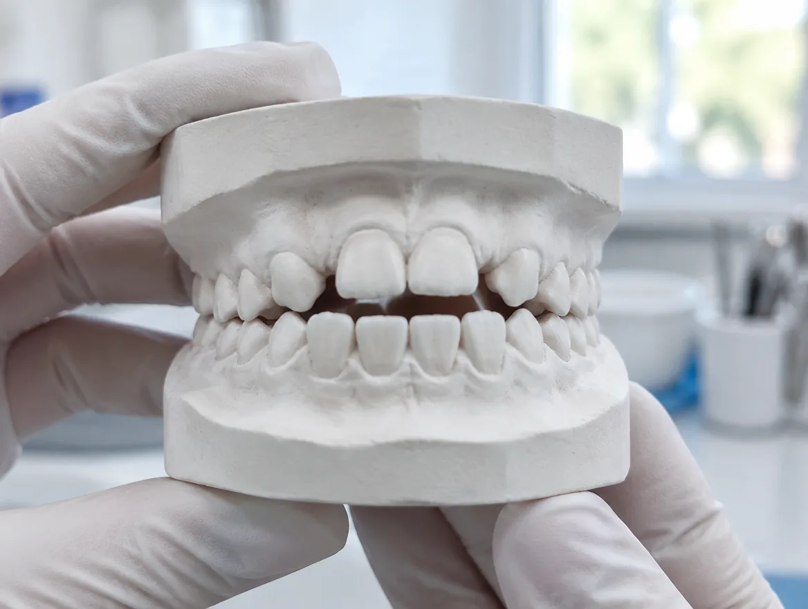Modèle en plâtre des arcades dentaires d'un enfant montrant une béance entre les dents de devant