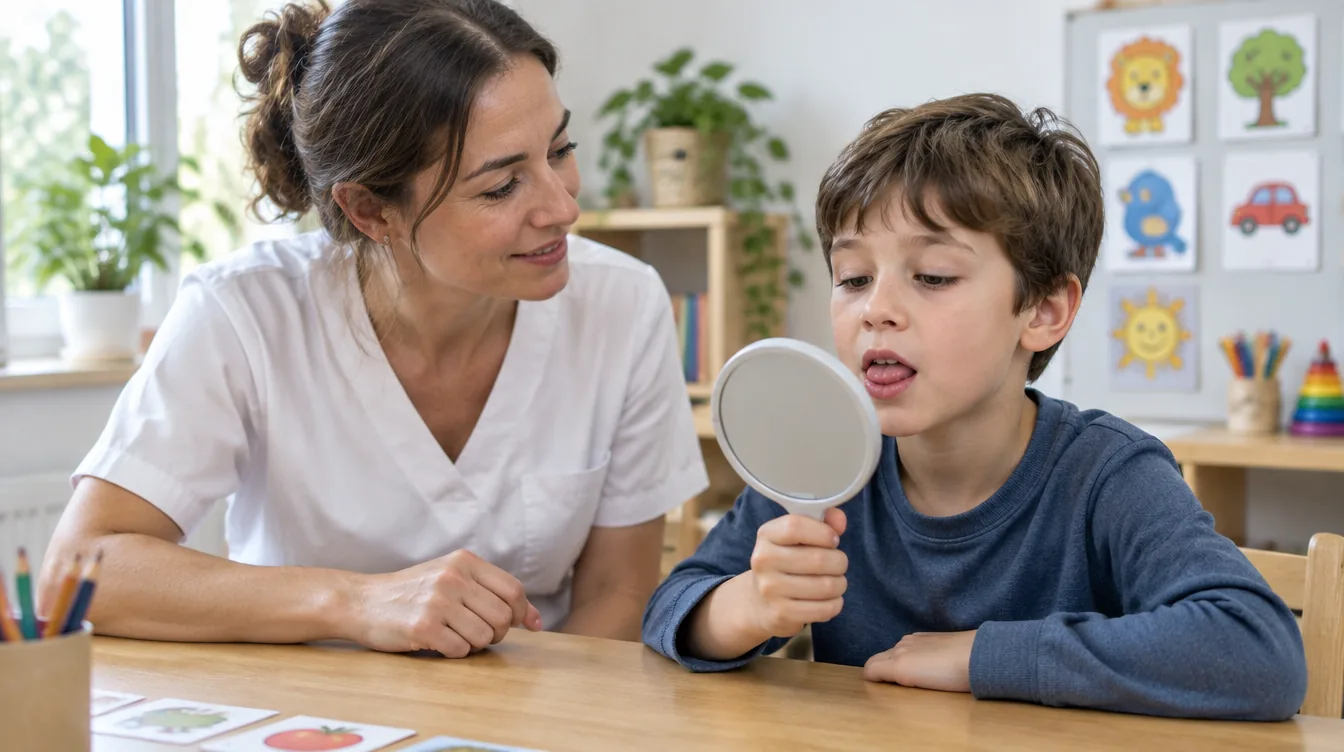 Orthophoniste et garçon de 7 ans pendant une séance de rééducation de la langue, avec un petit miroir à main