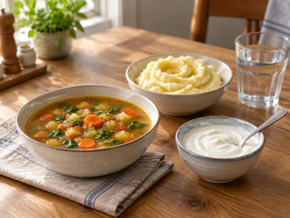 Une soupe de légumes, une purée, un yaourt et un verre d'eau sur une table de cuisine