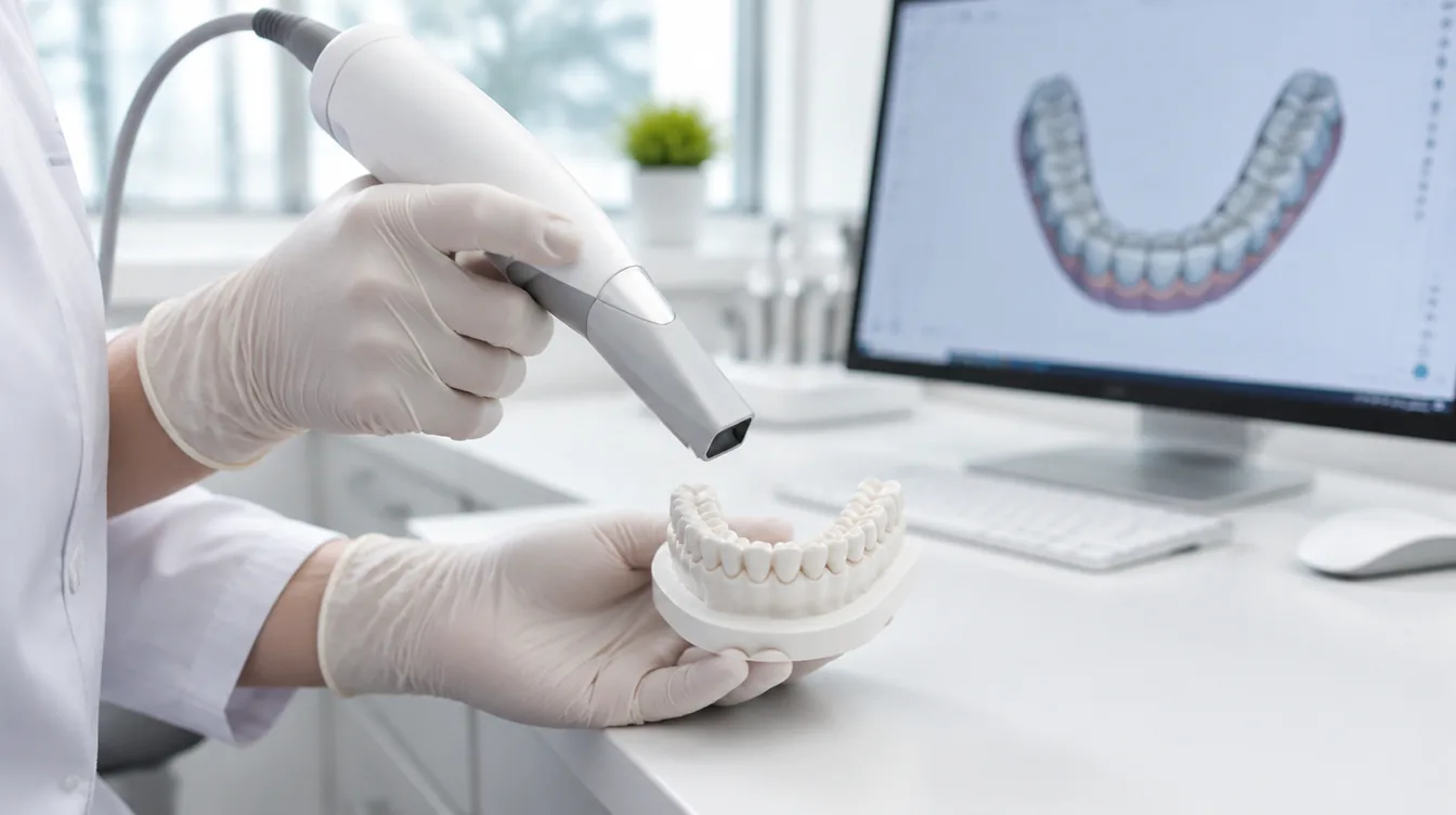 Scanner intra-oral tenu au-dessus d'un modèle dentaire pour réaliser une empreinte optique